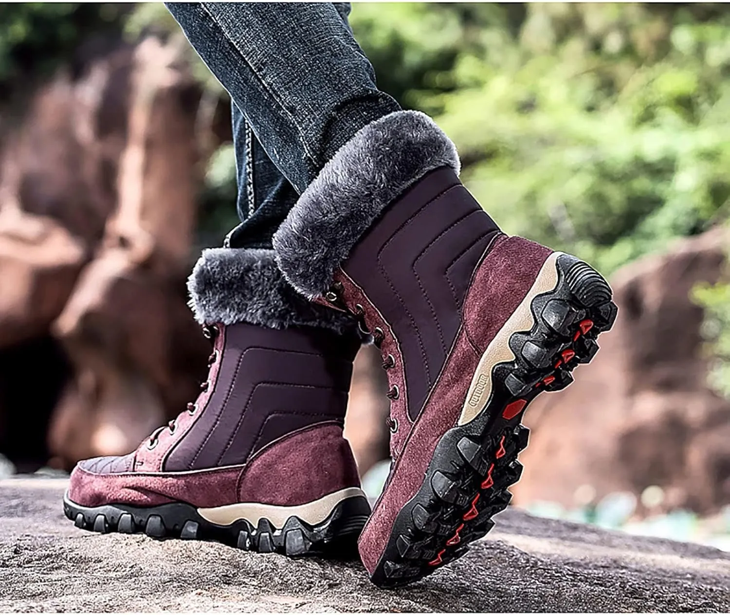 Outdoor Warm Snow Boots, Winter Comfortable Fur Lined Warm Slip on Mens Waterproof Ankle Boots, for Casual Walking Soft Ankle Booties Hiking Shoes