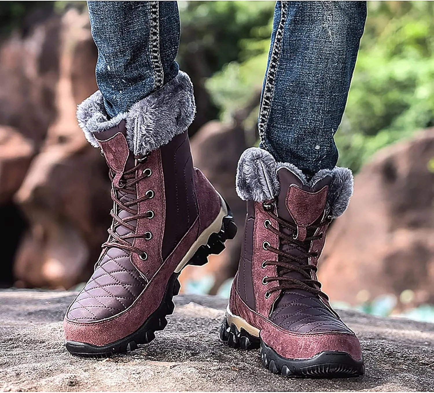 Outdoor Warm Snow Boots, Winter Comfortable Fur Lined Warm Slip on Mens Waterproof Ankle Boots, for Casual Walking Soft Ankle Booties Hiking Shoes