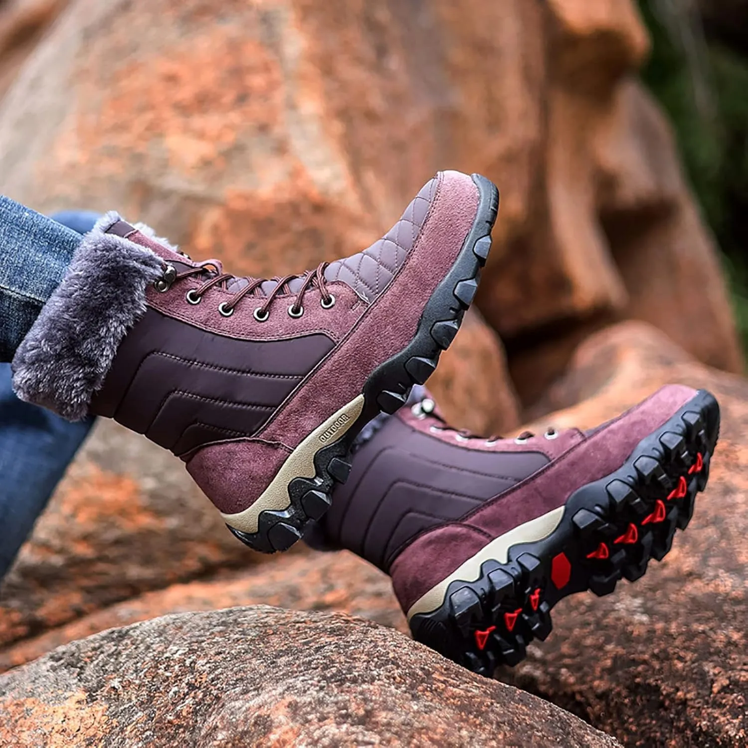 Outdoor Warm Snow Boots, Winter Comfortable Fur Lined Warm Slip on Mens Waterproof Ankle Boots, for Casual Walking Soft Ankle Booties Hiking Shoes