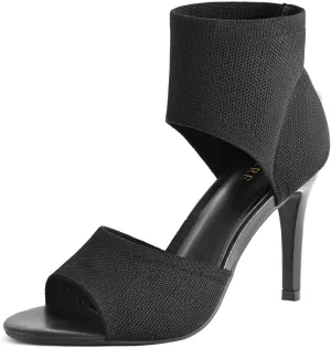 Peep Toe Heels for Women Sexy 3 Inches Stiletto Heeled Sandals for Women Open Toe Wide Stretchy Knit Heel Sandal Booties Slip On Comfortable Dressy Shoes for Prom, Party and Work
