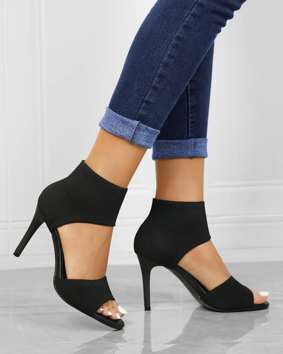 Peep Toe Heels for Women Sexy 3 Inches Stiletto Heeled Sandals for Women Open Toe Wide Stretchy Knit Heel Sandal Booties Slip On Comfortable Dressy Shoes for Prom, Party and Work