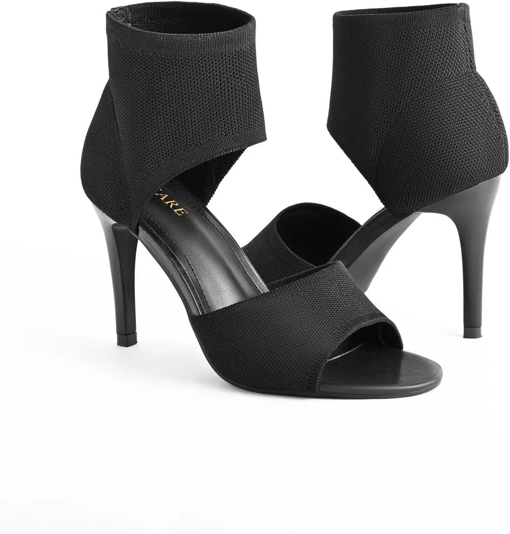 Peep Toe Heels for Women Sexy 3 Inches Stiletto Heeled Sandals for Women Open Toe Wide Stretchy Knit Heel Sandal Booties Slip On Comfortable Dressy Shoes for Prom, Party and Work