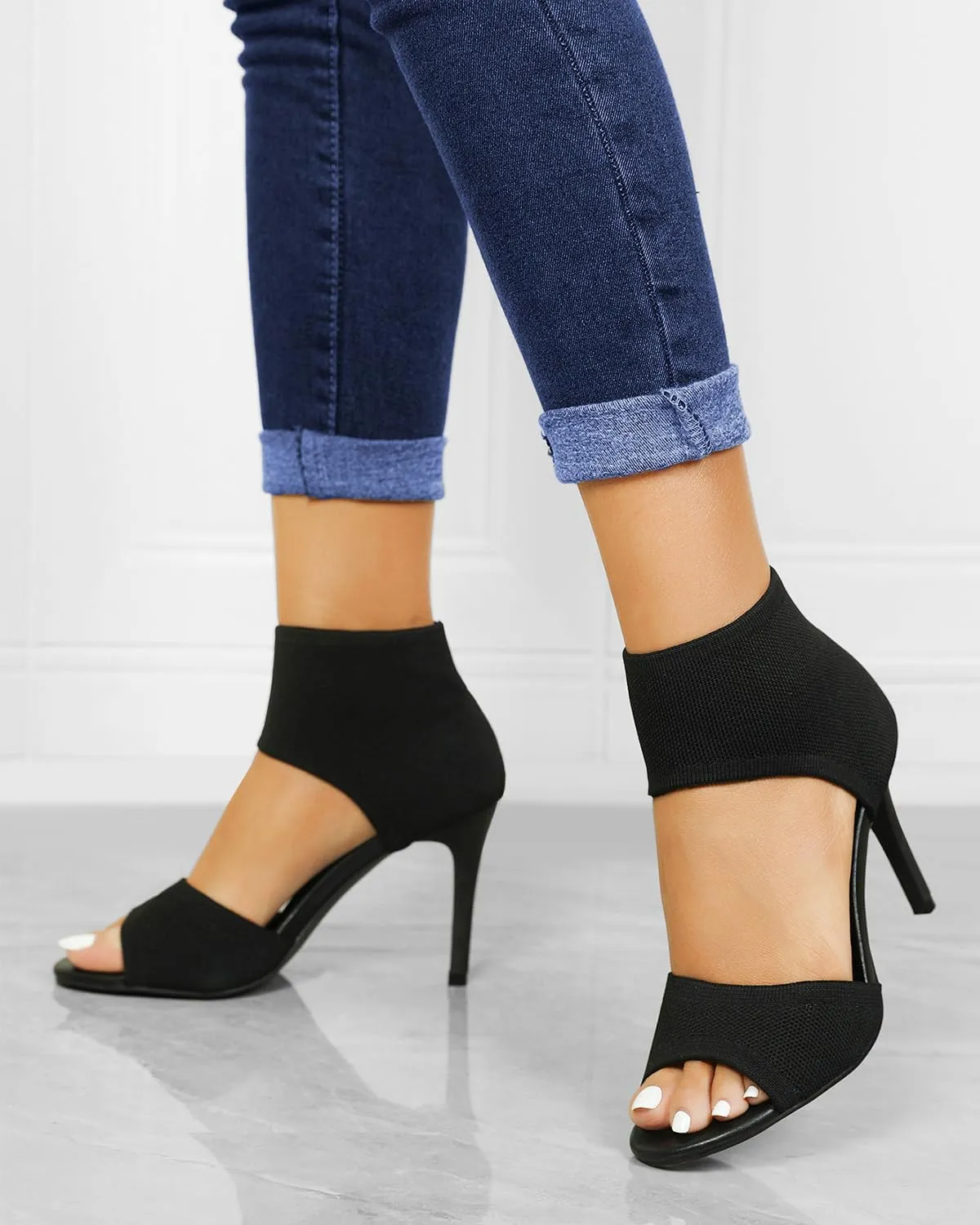 Peep Toe Heels for Women Sexy 3 Inches Stiletto Heeled Sandals for Women Open Toe Wide Stretchy Knit Heel Sandal Booties Slip On Comfortable Dressy Shoes for Prom, Party and Work