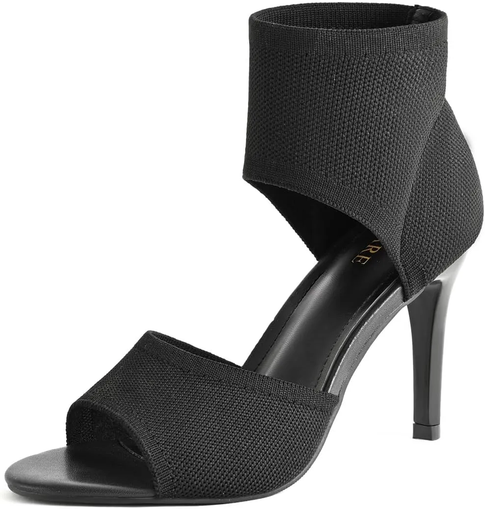 Peep Toe Heels for Women Sexy 3 Inches Stiletto Heeled Sandals for Women Open Toe Wide Stretchy Knit Heel Sandal Booties Slip On Comfortable Dressy Shoes for Prom, Party and Work