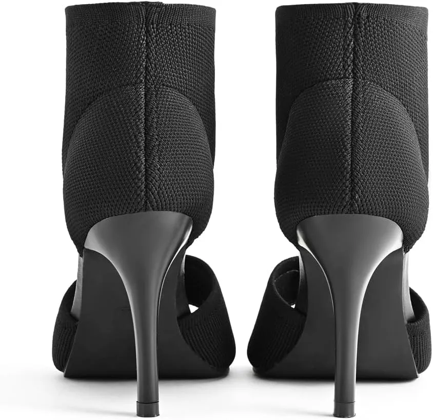 Peep Toe Heels for Women Sexy 3 Inches Stiletto Heeled Sandals for Women Open Toe Wide Stretchy Knit Heel Sandal Booties Slip On Comfortable Dressy Shoes for Prom, Party and Work