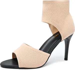 Peep Toe Heels for Women Sexy 3 Inches Stiletto Heeled Sandals for Women Open Toe Wide Stretchy Knit Heel Sandal Booties Slip On Comfortable Dressy Shoes for Prom, Party and Work