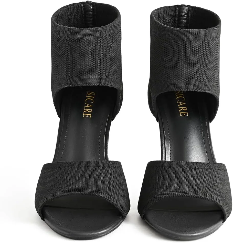 Peep Toe Heels for Women Sexy 3 Inches Stiletto Heeled Sandals for Women Open Toe Wide Stretchy Knit Heel Sandal Booties Slip On Comfortable Dressy Shoes for Prom, Party and Work