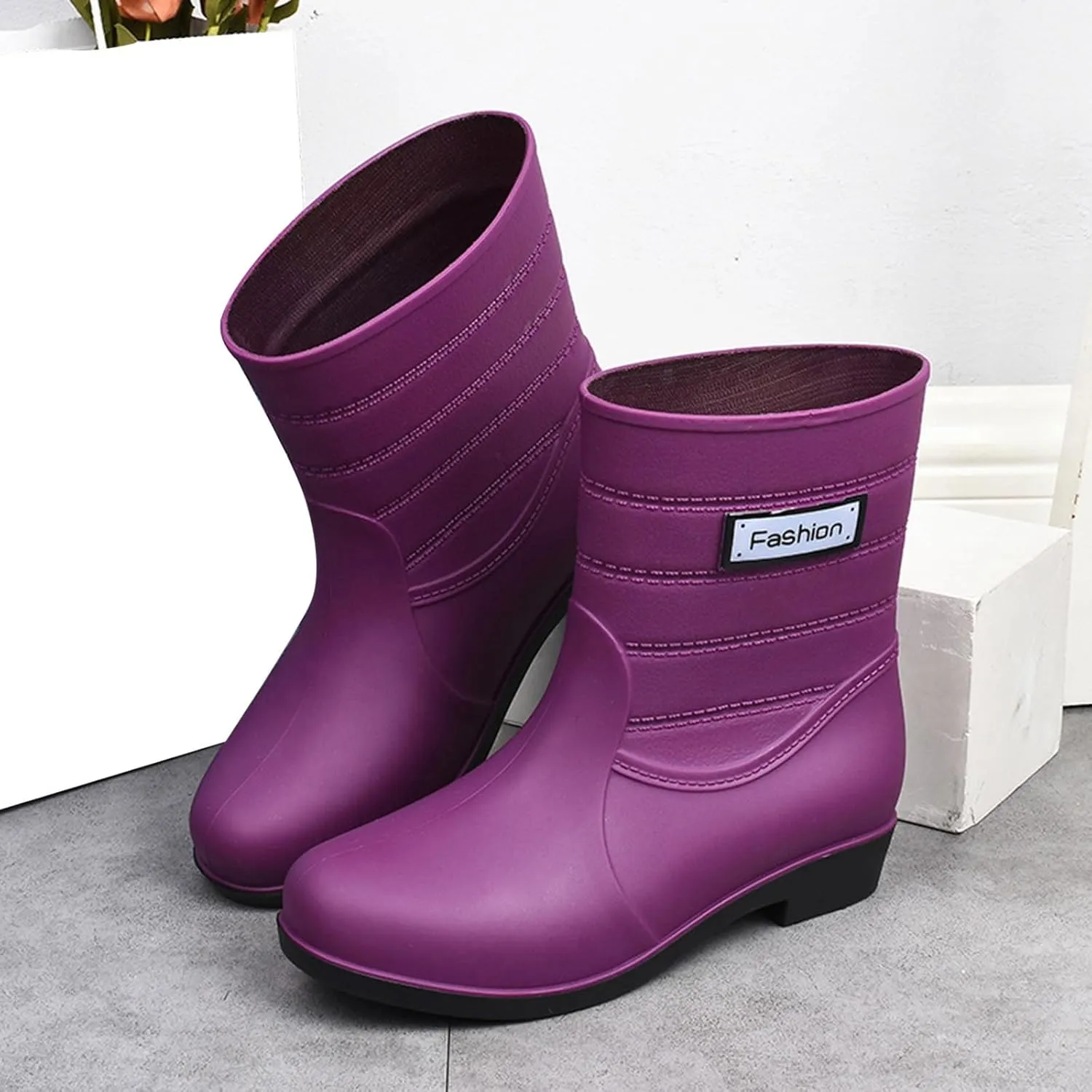 Rain Boots Women Waterproof Mid Calf Lightweight Cute Booties Fashion Work Comfortable Garden Shoes