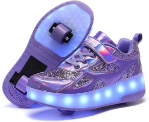 Roller Shoes Girls Sneakers USB Charge LED Lights Shiny Wheels Shoes Glitter Material Roller Skate Shoe Big Kids Gifts Size 6.5 Purple Sparkling Sneaker