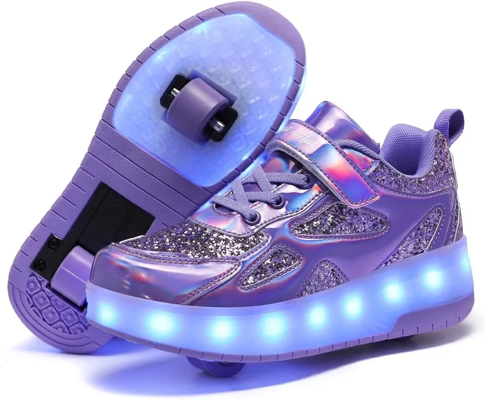 Roller Shoes Girls Sneakers USB Charge LED Lights Shiny Wheels Shoes Glitter Material Roller Skate Shoe Big Kids Gifts Size 6.5 Purple Sparkling Sneaker