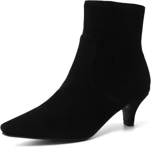 SHEMEE Fashion Womens Kitten Heels Ankle Boots Sexy Pointy Toe Booties Mid Heels Zipper Work Party Dress Shoes Black Suede,Size 7