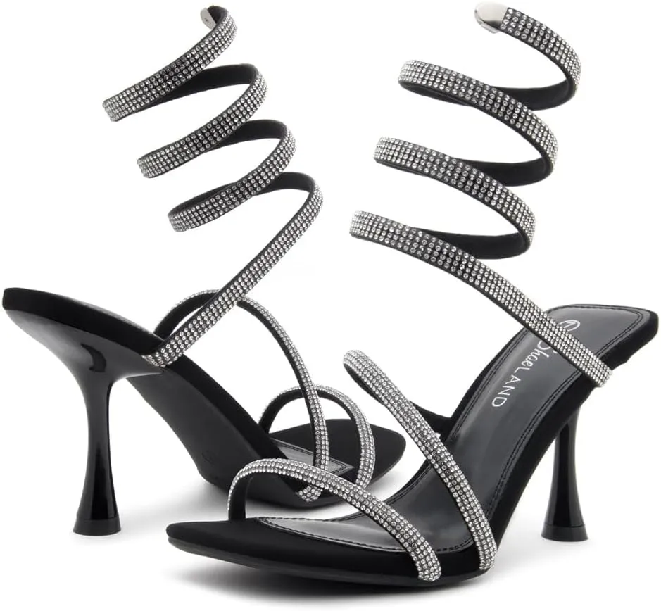 Shoe Land Charming2 Women's Rhinestone Heels, Square Open Toe High Stilettos with Spiral Ankle Wrap Strap  Coil Spiral High Heeled Crystal Dress Sandals for Party