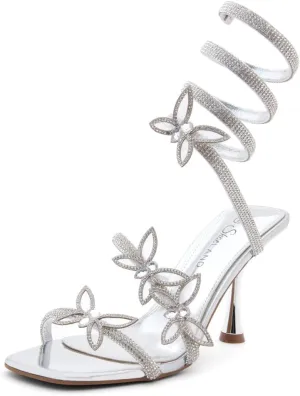 Shoe Land Charming2 Women's Rhinestone Heels, Square Open Toe High Stilettos with Spiral Ankle Wrap Strap  Coil Spiral High Heeled Crystal Dress Sandals for Party