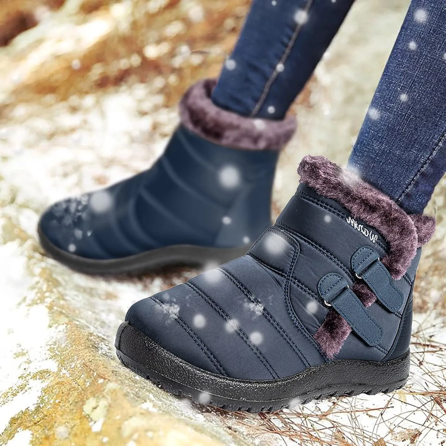 Short Winter Boots Extra Wide for Women Waterproof Snow Womens Black Snow Boots Wide Waterproof Snow Boots Women Wide Width Winter Women Boots Low Heel Waterproof Womens Boots Tall