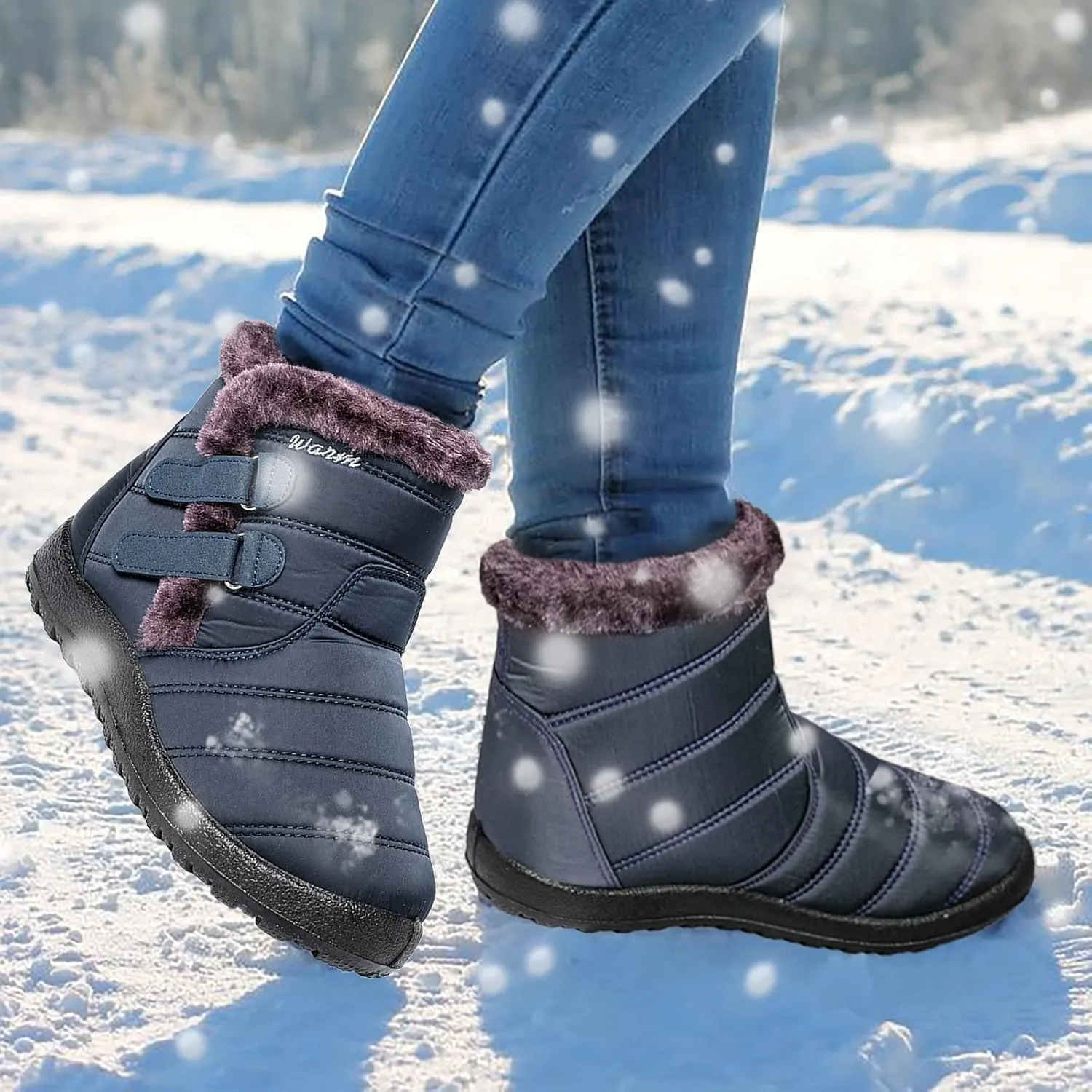 Short Winter Boots Extra Wide for Women Waterproof Snow Womens Black Snow Boots Wide Waterproof Snow Boots Women Wide Width Winter Women Boots Low Heel Waterproof Womens Boots Tall