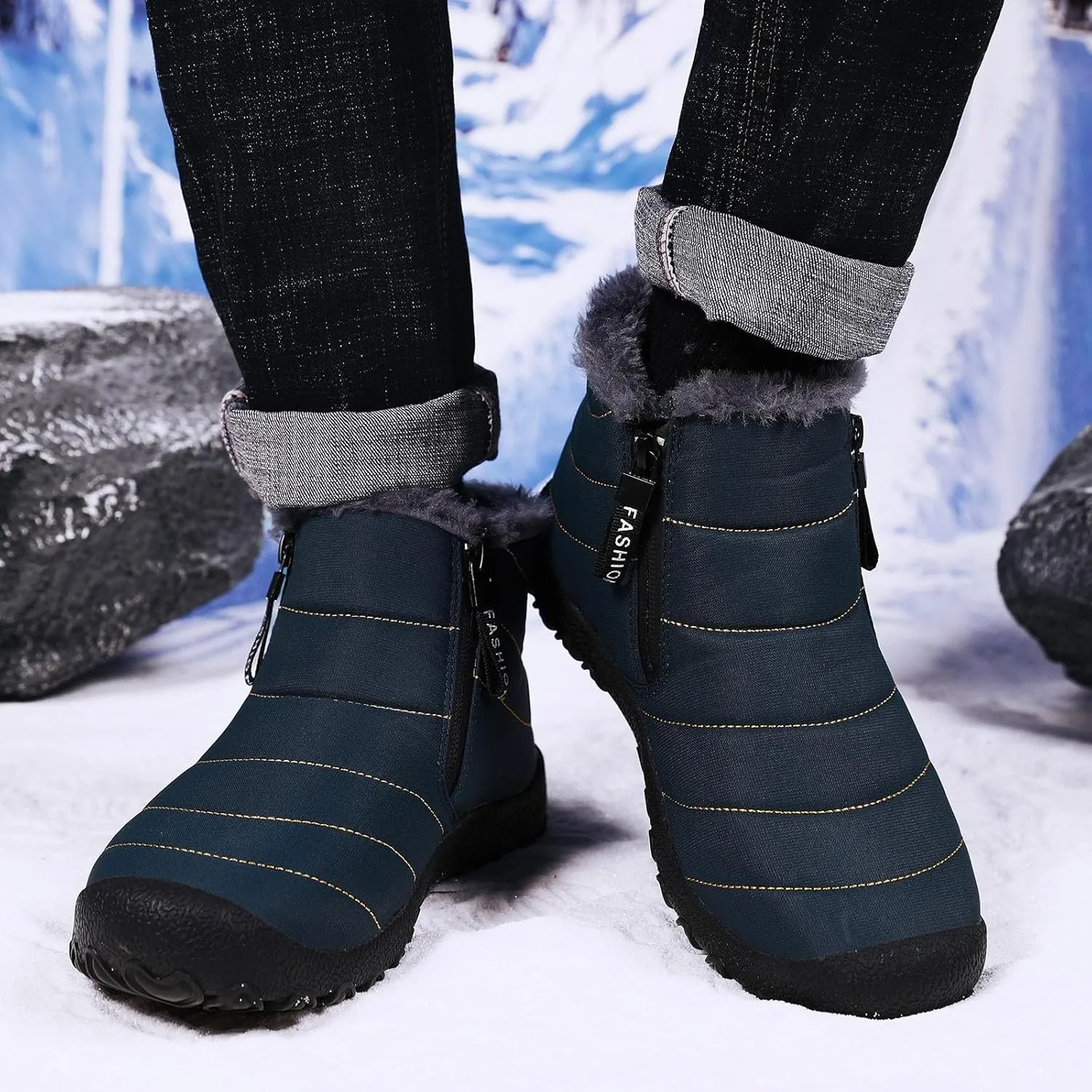 Snow Boots for Men Waterproof Winter Boots Anti-slip Fur Lined Booties Winter Casual Slip on Ankle Boots Comfortable Winter Shoes Trekking Hiking Boots
