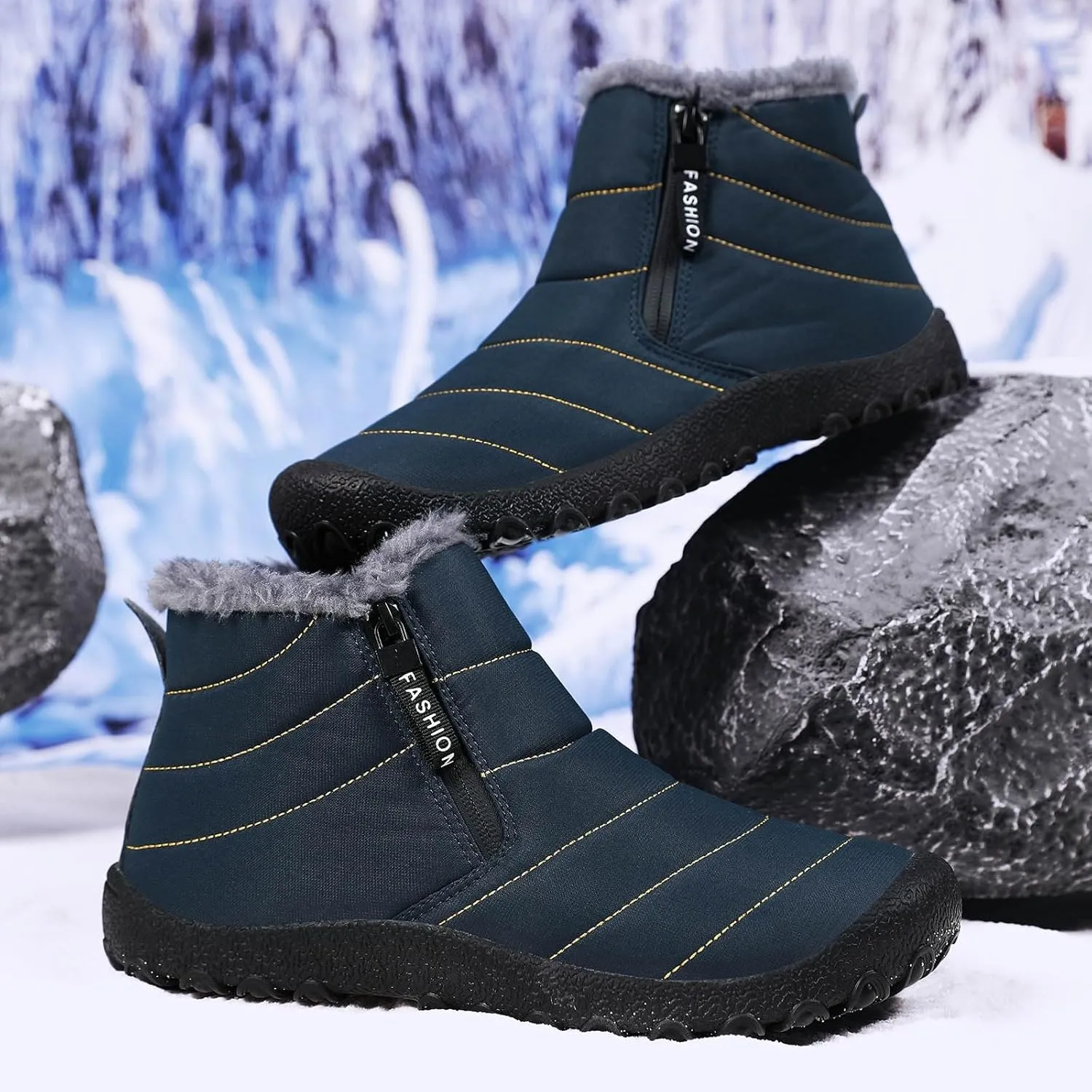 Snow Boots for Men Waterproof Winter Boots Anti-slip Fur Lined Booties Winter Casual Slip on Ankle Boots Comfortable Winter Shoes Trekking Hiking Boots