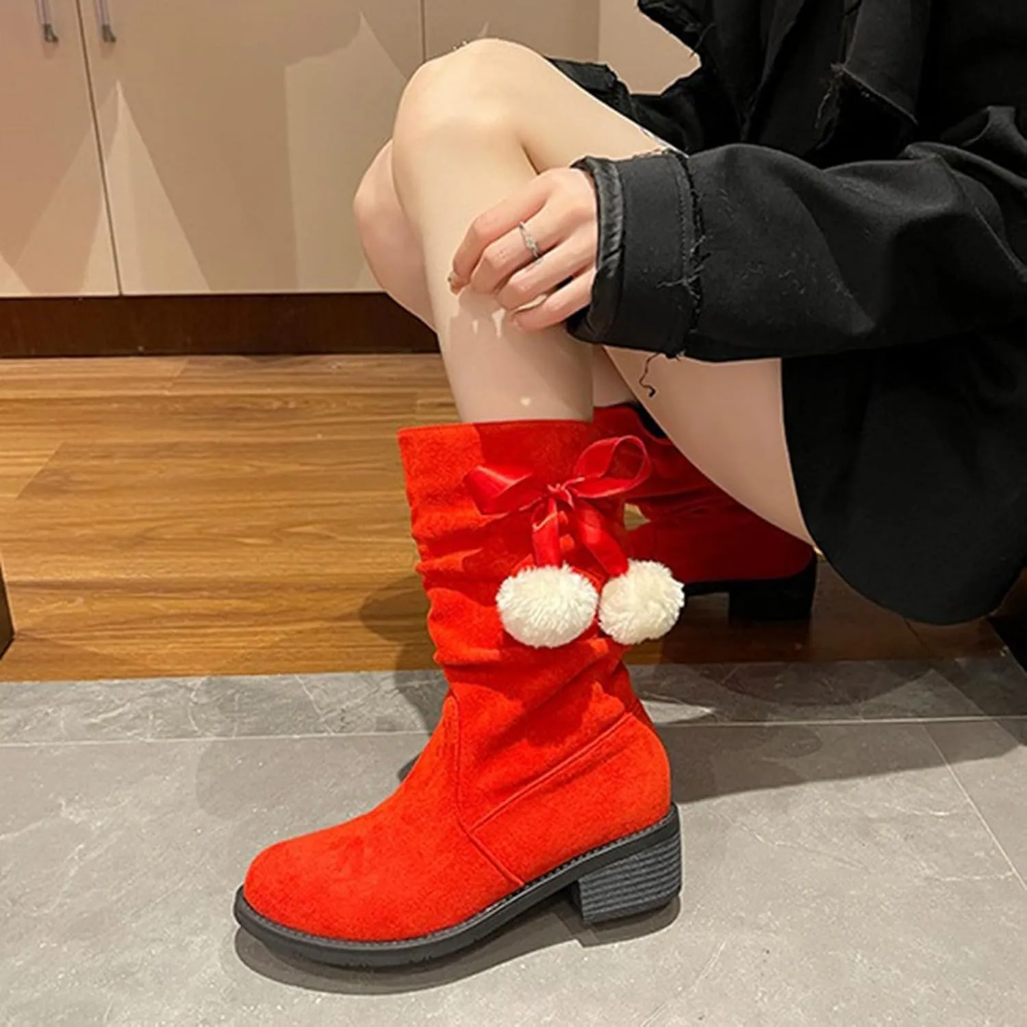 Suede Lace Up Pull-on Fur Snow Booties Fashion Block High Heel Warm Comfortable Non-Slip Short Ankle Boots