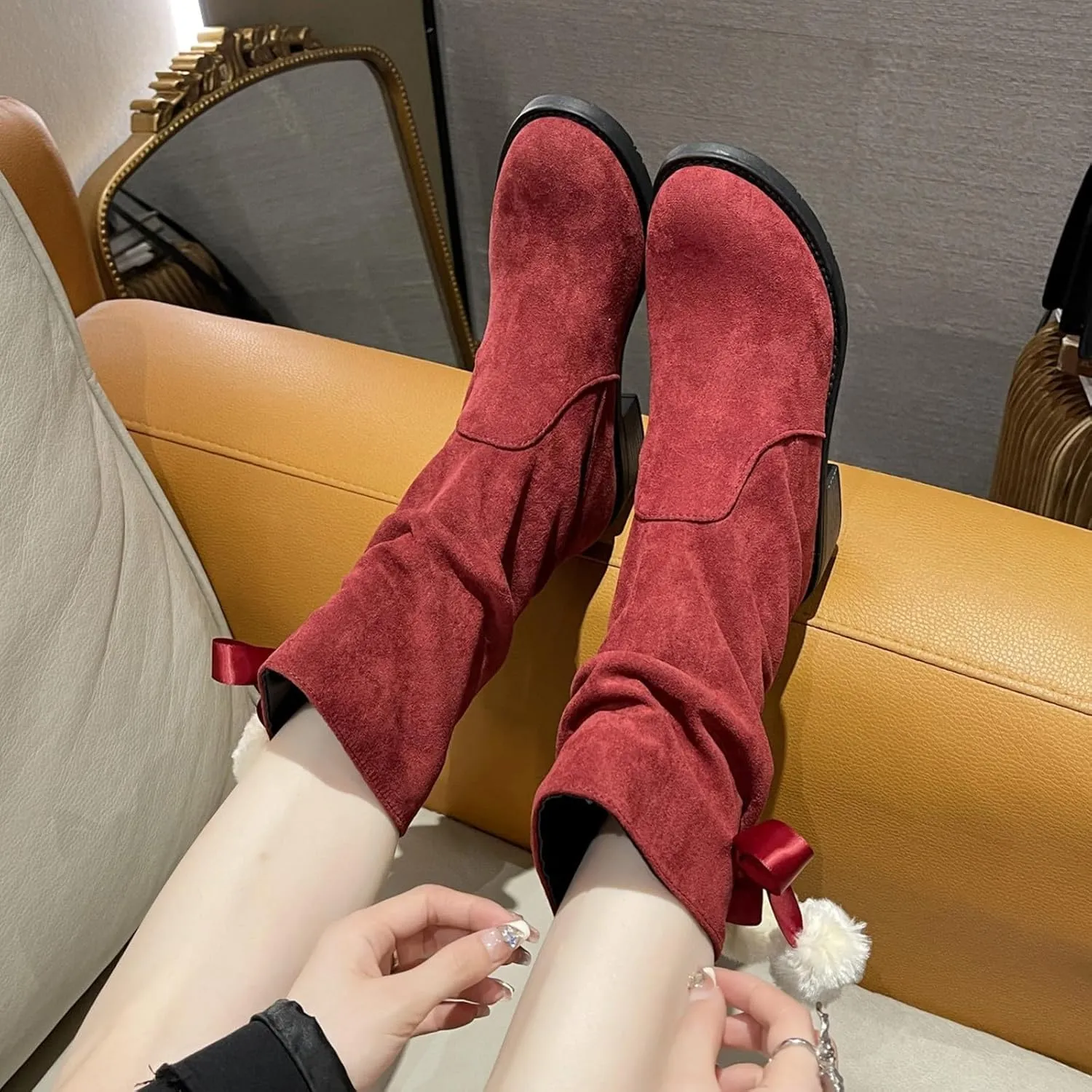 Suede Lace Up Pull-on Fur Snow Booties Fashion Block High Heel Warm Comfortable Non-Slip Short Ankle Boots