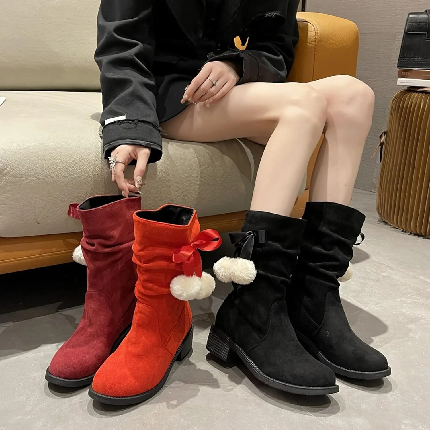 Suede Lace Up Pull-on Fur Snow Booties Fashion Block High Heel Warm Comfortable Non-Slip Short Ankle Boots