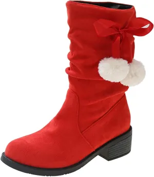 Suede Lace Up Pull-on Fur Snow Booties Fashion Block High Heel Warm Comfortable Non-Slip Short Ankle Boots