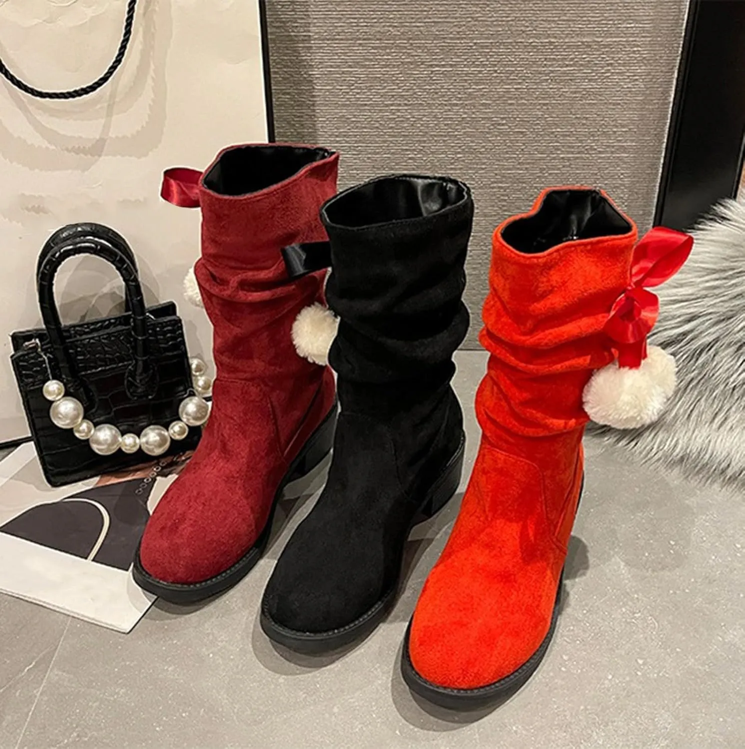 Suede Lace Up Pull-on Fur Snow Booties Fashion Block High Heel Warm Comfortable Non-Slip Short Ankle Boots