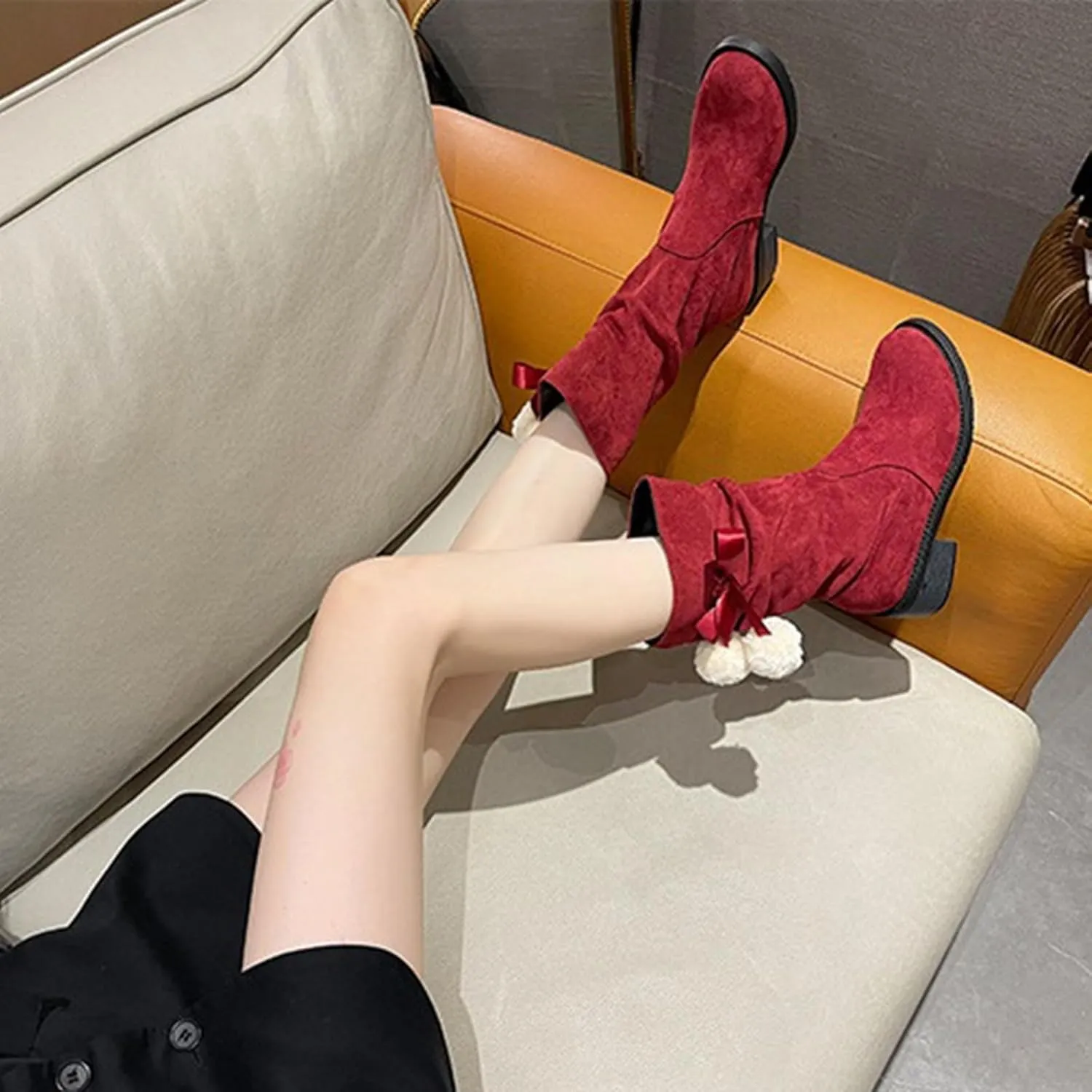 Suede Lace Up Pull-on Fur Snow Booties Fashion Block High Heel Warm Comfortable Non-Slip Short Ankle Boots