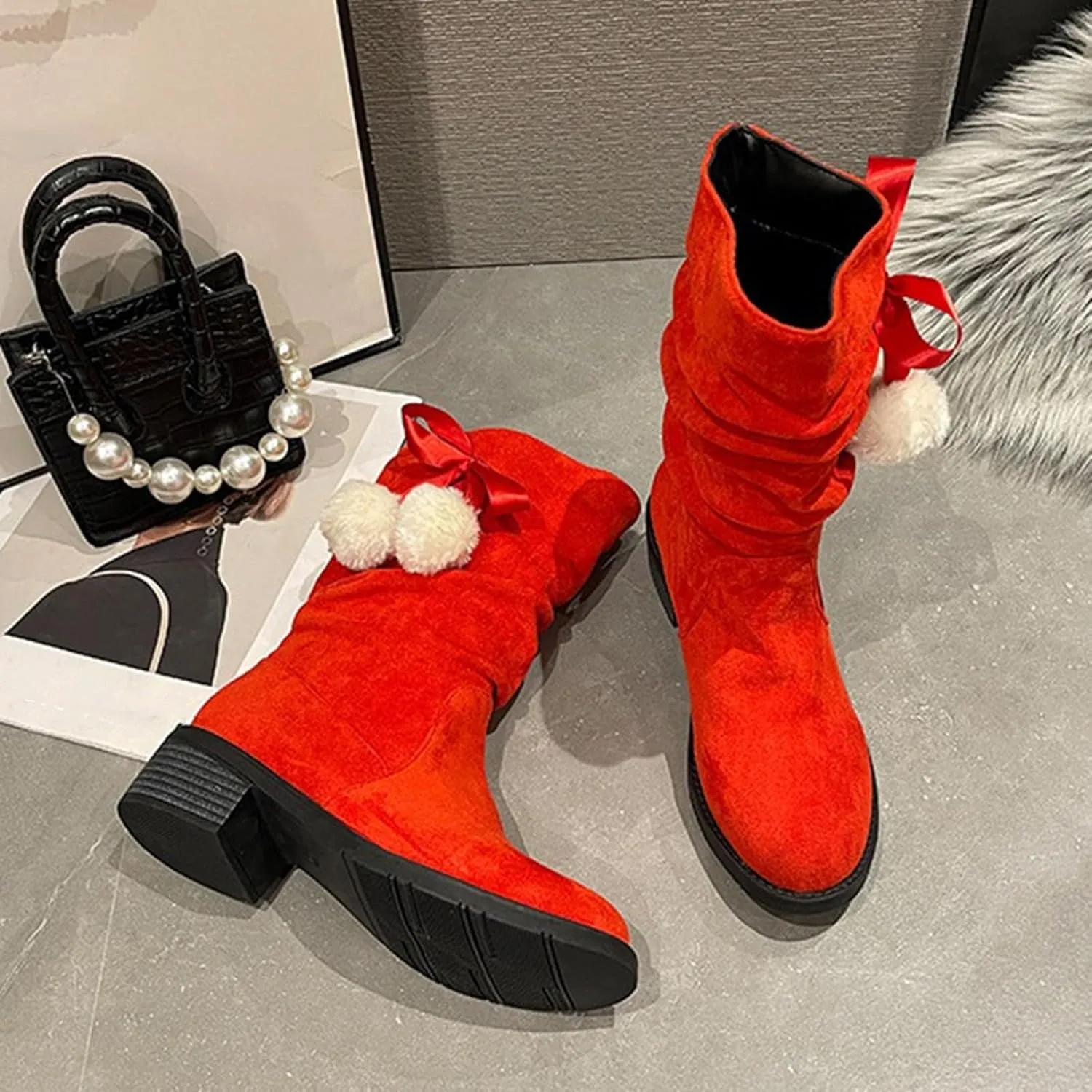 Suede Lace Up Pull-on Fur Snow Booties Fashion Block High Heel Warm Comfortable Non-Slip Short Ankle Boots