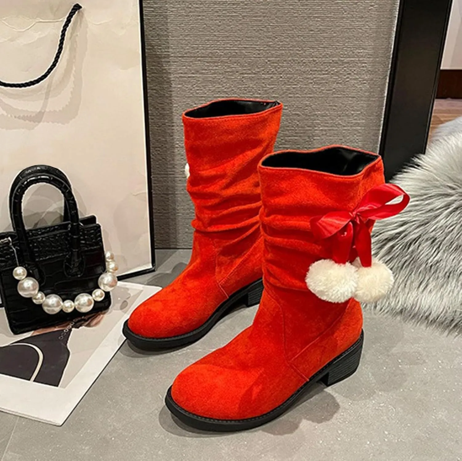 Suede Lace Up Pull-on Fur Snow Booties Fashion Block High Heel Warm Comfortable Non-Slip Short Ankle Boots