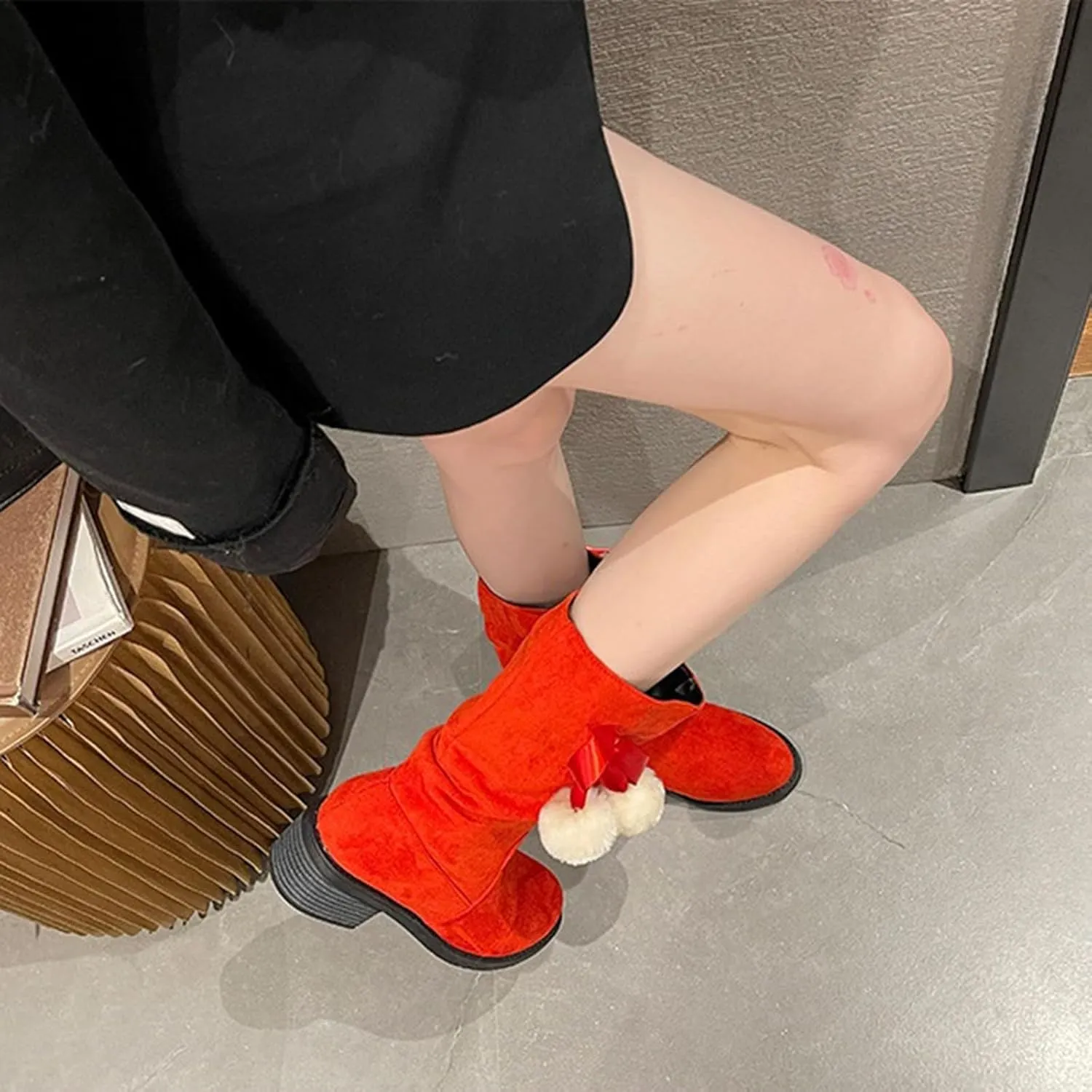 Suede Lace Up Pull-on Fur Snow Booties Fashion Block High Heel Warm Comfortable Non-Slip Short Ankle Boots