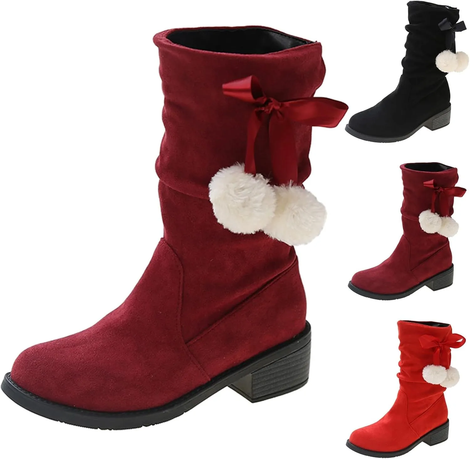 Suede Lace Up Pull-on Fur Snow Booties Fashion Block High Heel Warm Comfortable Non-Slip Short Ankle Boots