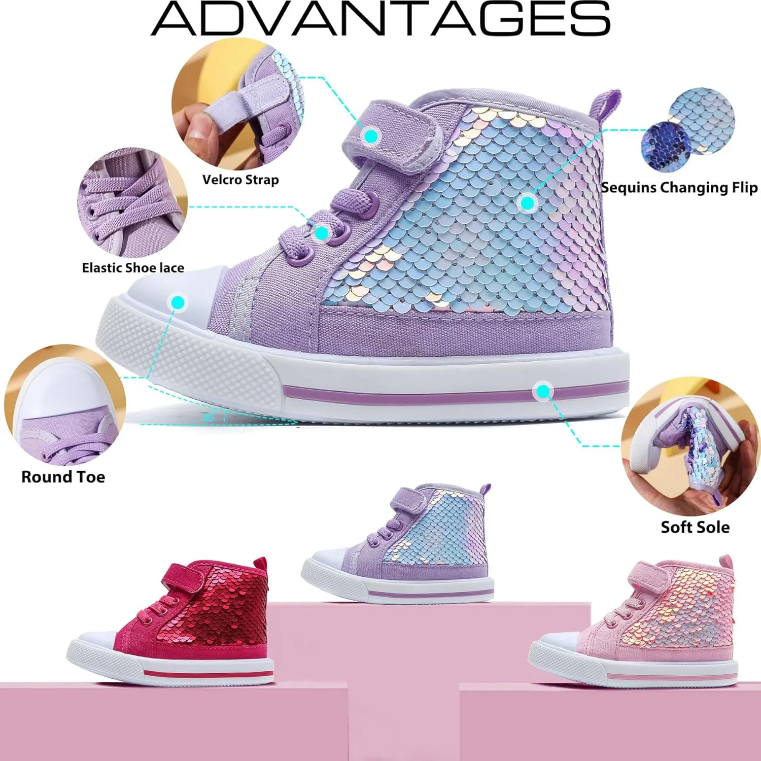 Toddler Girls Sequin Sneakers High Top Canvas Sneaker Fashion Sparkle Shoes for Girls Dressy