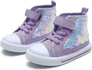 Toddler Girls Sequin Sneakers High Top Canvas Sneaker Fashion Sparkle Shoes for Girls Dressy
