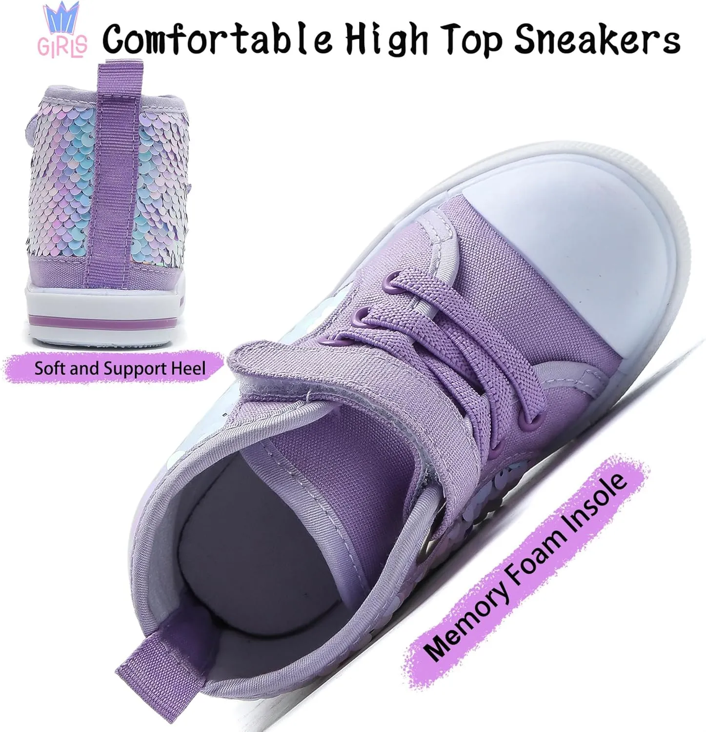 Toddler Girls Sequin Sneakers High Top Canvas Sneaker Fashion Sparkle Shoes for Girls Dressy