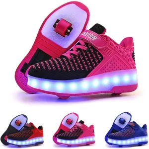 Unisex Kids Led Kick Roller Shoes Skateboarding Shoes USB Charging Fitness Shoes Suitable for Boys and Girls Couples Shoes-Best GiftPink-USA 7.5