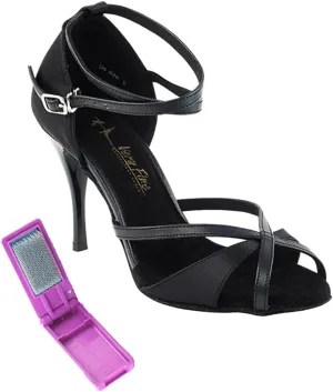 Very Fine Dance Shoes - Ladies Latin, Rhythm, Salsa, Waltz Ballroom Dance Shoes - 2829LEDSS - 3.5-inch Heel and Foldable Brush Bundle - Black Satin - Black Trim - 5.5
