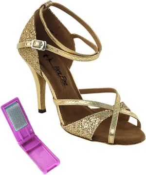 Very Fine Dance Shoes - Ladies Latin, Rhythm, Salsa, Waltz Ballroom Dance Shoes - 2829LEDSS - 3.5-inch Heel and Foldable Brush Bundle - Snake Gold - Gold Sparklenet - 9.5