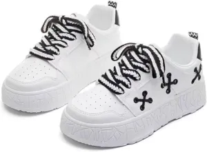 White Tennis Shoes Chunky Platform Casual Sneakers for Women Preppy Thick Sole Walking Skate Shoes Lace Up All Seasons