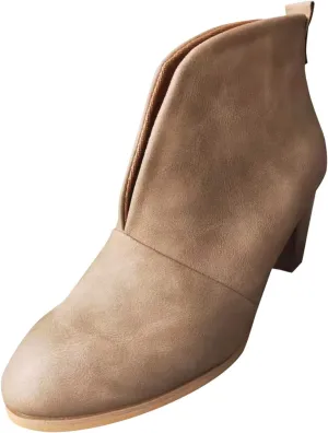 Wide Width Ankle Boots for Women,Stylish V Cut Pull On Wedge Booties Chunky Block Stacked Mid Heel Arch Support Short Boots Low Top Almond Toe Daily Walking Dressy Party Boots