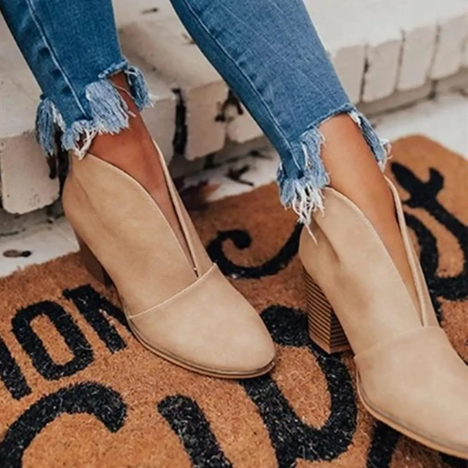 Wide Width Ankle Boots for Women,Stylish V Cut Pull On Wedge Booties Chunky Block Stacked Mid Heel Arch Support Short Boots Low Top Almond Toe Daily Walking Dressy Party Boots
