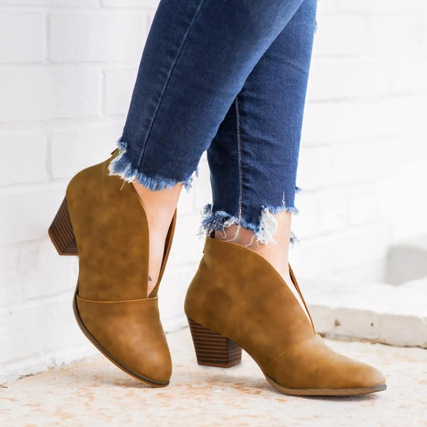 Wide Width Ankle Boots for Women,Stylish V Cut Pull On Wedge Booties Chunky Block Stacked Mid Heel Arch Support Short Boots Low Top Almond Toe Daily Walking Dressy Party Boots