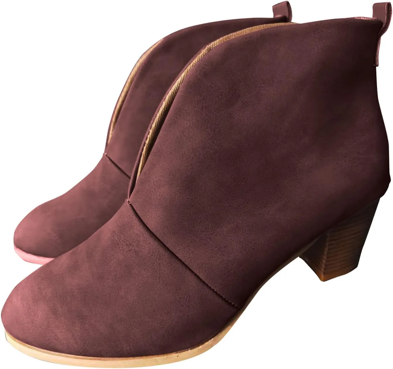 Wide Width Ankle Boots for Women,Stylish V Cut Pull On Wedge Booties Chunky Block Stacked Mid Heel Arch Support Short Boots Low Top Almond Toe Daily Walking Dressy Party Boots