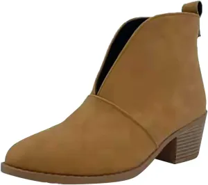 Wide Width Ankle Boots for Women,Stylish V Cut Pull On Wedge Booties Chunky Block Stacked Mid Heel Arch Support Short Boots Low Top Almond Toe Daily Walking Dressy Party Boots