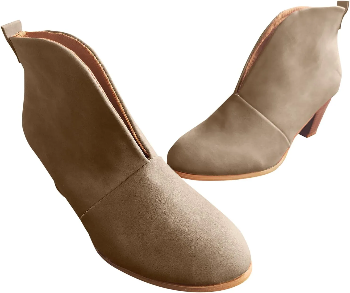 Wide Width Ankle Boots for Women,Stylish V Cut Pull On Wedge Booties Chunky Block Stacked Mid Heel Arch Support Short Boots Low Top Almond Toe Daily Walking Dressy Party Boots
