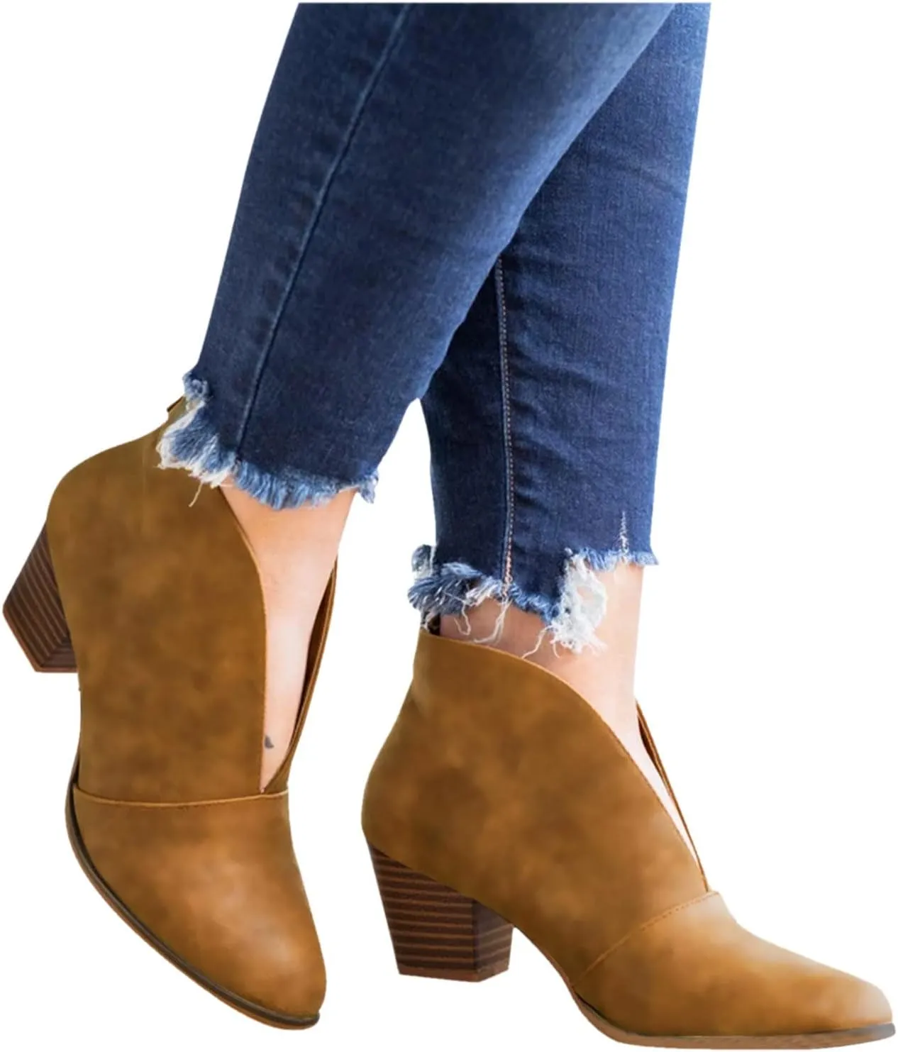 Wide Width Ankle Boots for Women,Stylish V Cut Pull On Wedge Booties Chunky Block Stacked Mid Heel Arch Support Short Boots Low Top Almond Toe Daily Walking Dressy Party Boots