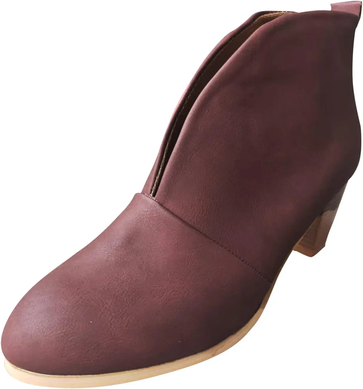 Wide Width Ankle Boots for Women,Stylish V Cut Pull On Wedge Booties Chunky Block Stacked Mid Heel Arch Support Short Boots Low Top Almond Toe Daily Walking Dressy Party Boots
