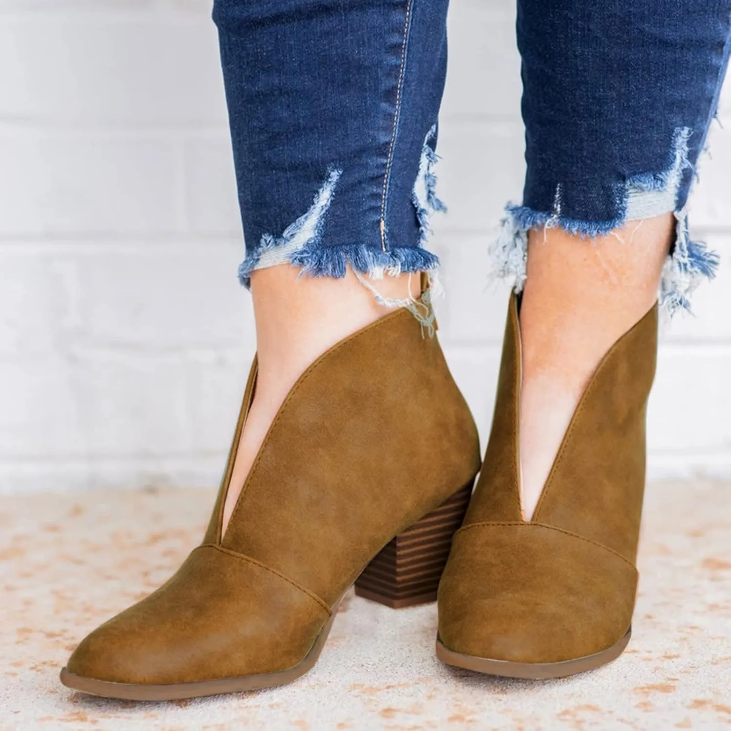 Wide Width Ankle Boots for Women,Stylish V Cut Pull On Wedge Booties Chunky Block Stacked Mid Heel Arch Support Short Boots Low Top Almond Toe Daily Walking Dressy Party Boots
