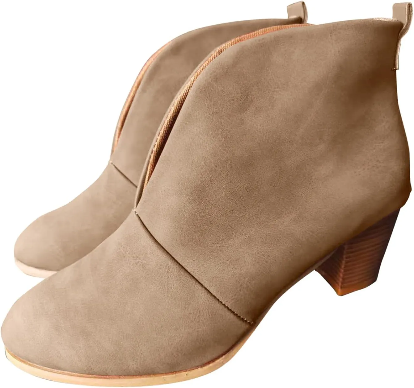 Wide Width Ankle Boots for Women,Stylish V Cut Pull On Wedge Booties Chunky Block Stacked Mid Heel Arch Support Short Boots Low Top Almond Toe Daily Walking Dressy Party Boots