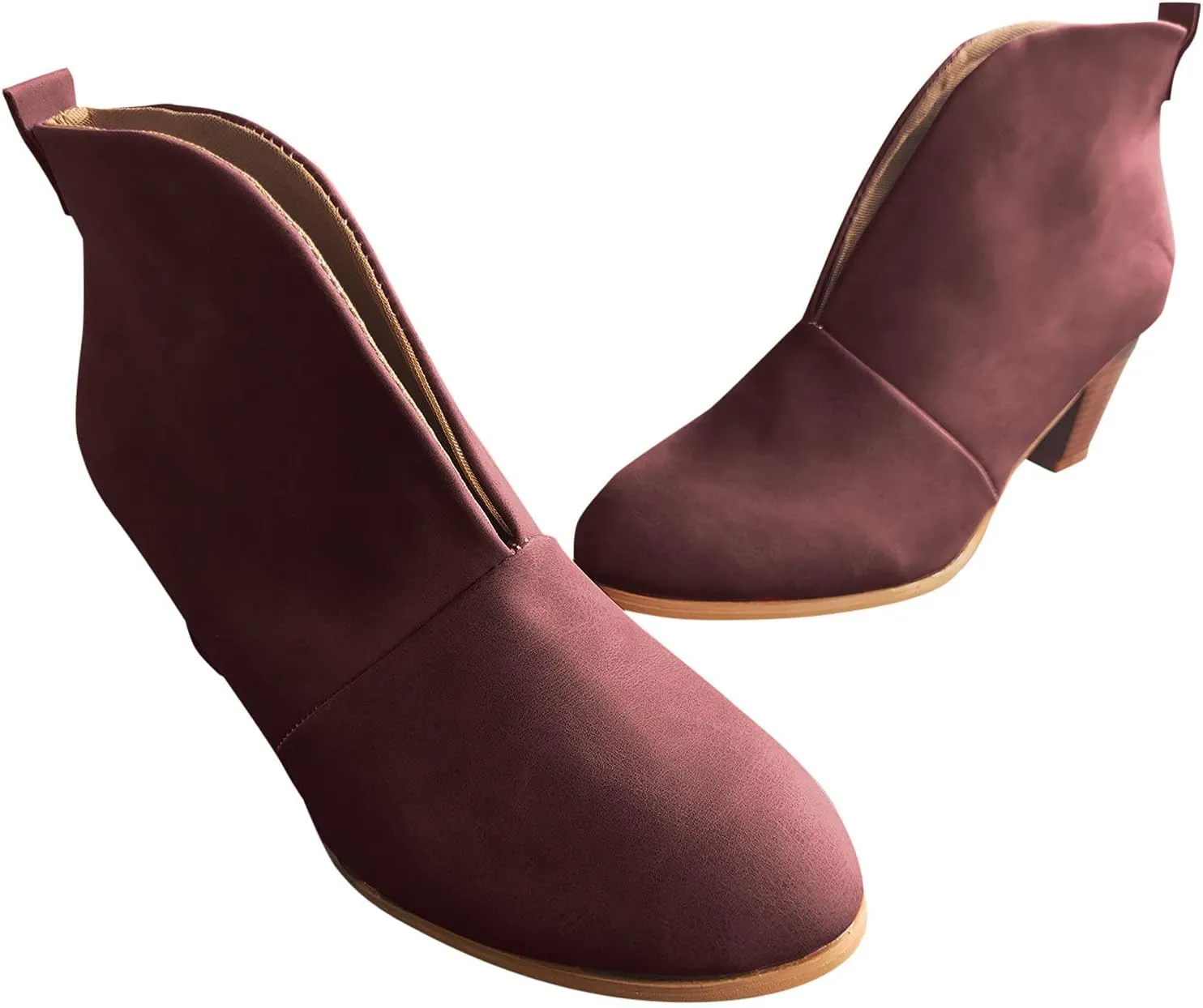 Wide Width Ankle Boots for Women,Stylish V Cut Pull On Wedge Booties Chunky Block Stacked Mid Heel Arch Support Short Boots Low Top Almond Toe Daily Walking Dressy Party Boots
