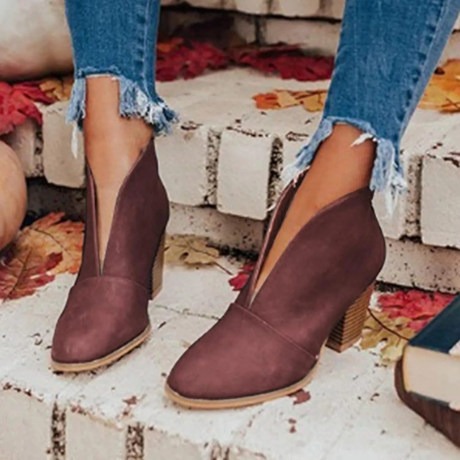 Wide Width Ankle Boots for Women,Stylish V Cut Pull On Wedge Booties Chunky Block Stacked Mid Heel Arch Support Short Boots Low Top Almond Toe Daily Walking Dressy Party Boots